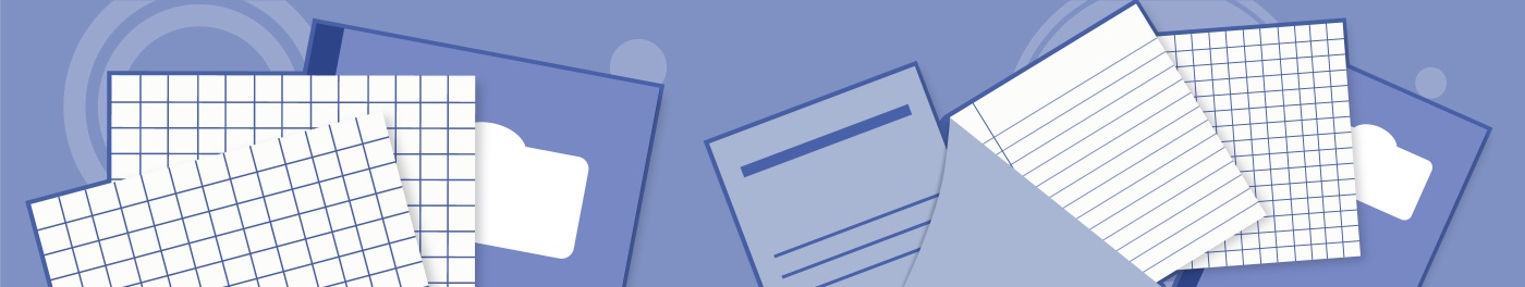 Stack of colorful papers and notebooks on a blue background.