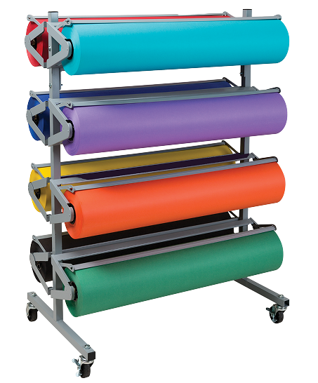 Colorful rolls of craft paper on a metal display rack for art projects.