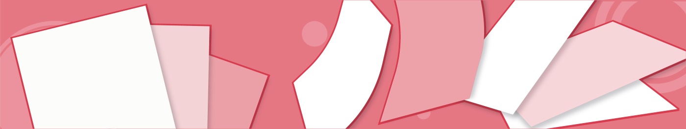 Colorful abstract design featuring layered paper shapes on a pink background.